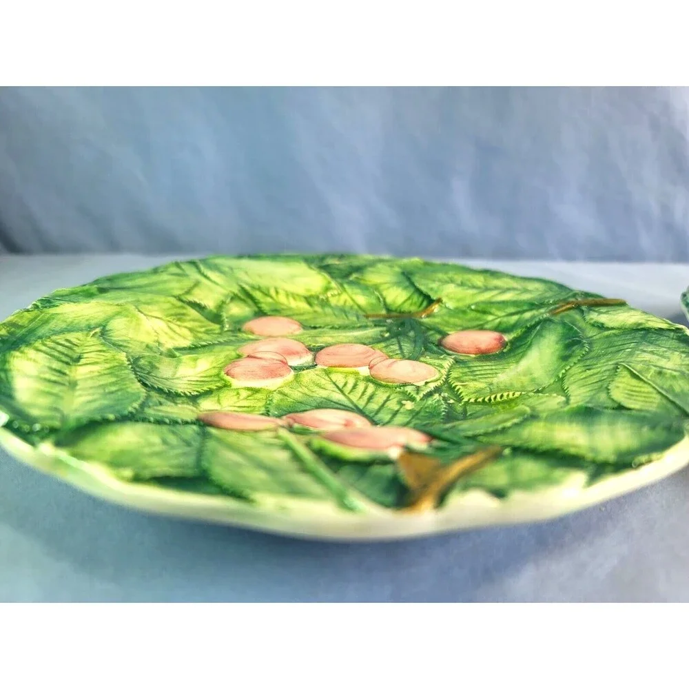 Italian Majolica Plates Cherries & Plum Hand Painted RARE 8''Raised Fruit VTG